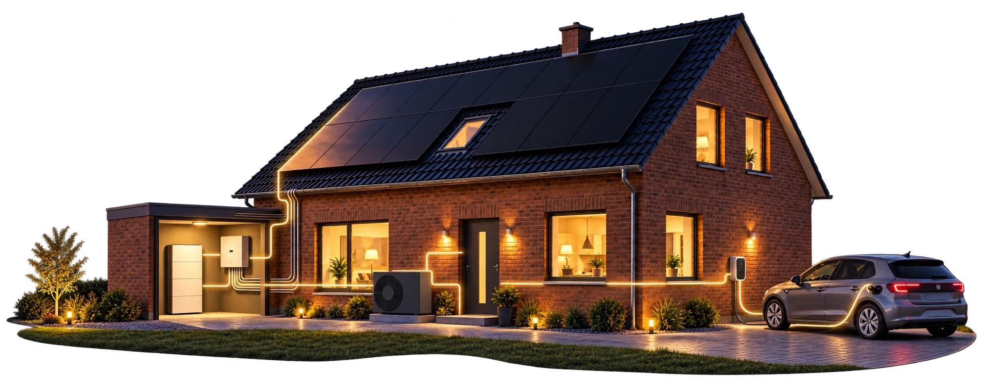 Klinkerhaus am Abend: Photovoltaik auf dem Dach, Speicher und Wechselrichter in der Garage, Wärmepumpe vor der Wand, E-Auto lädt an der Wallbox